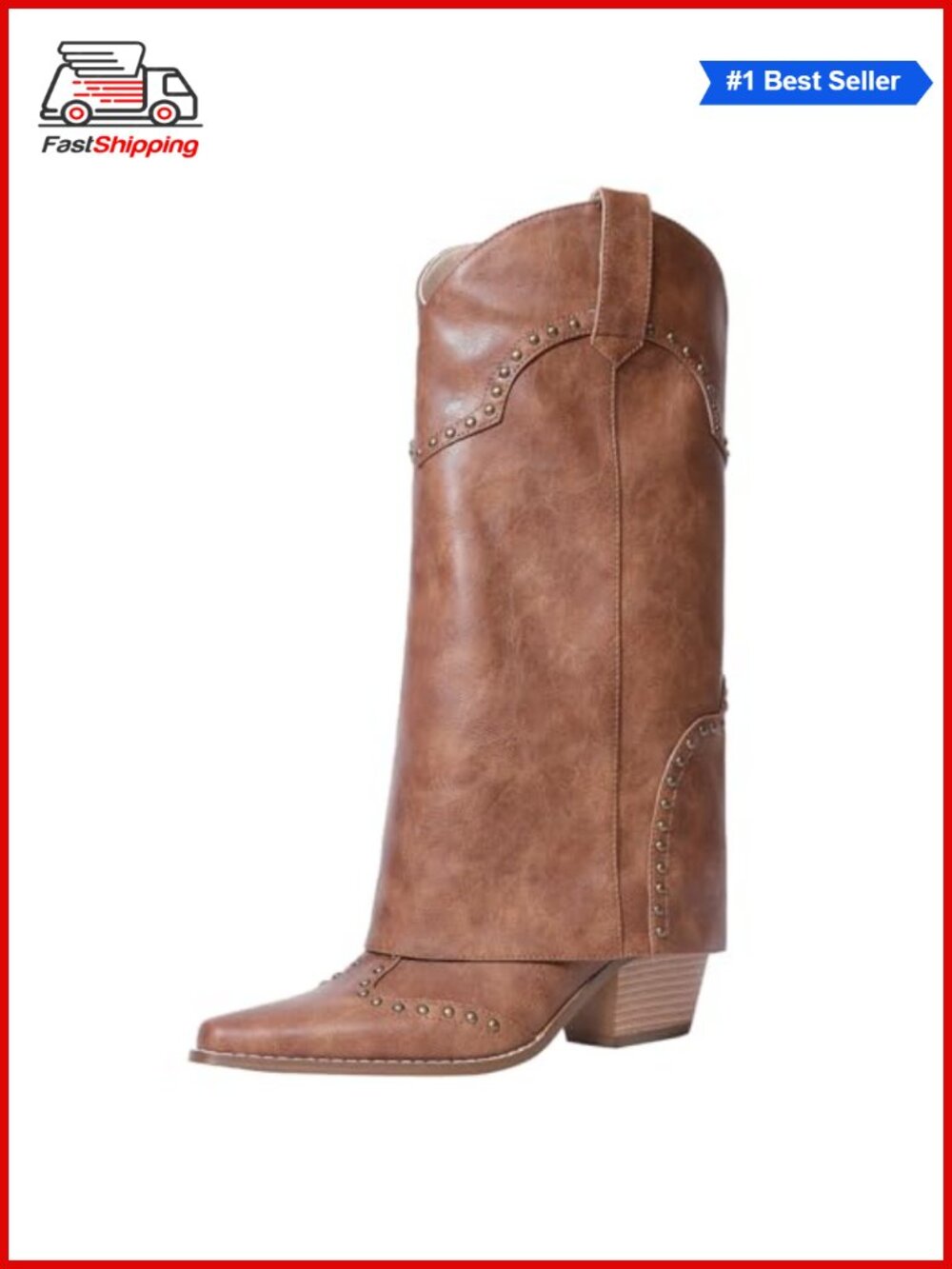Fold Over Knee High Cowboy Boots Faux Leather Studded Western
